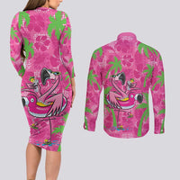Aloha Hawaii Christmas Couples Matching Long Sleeve Bodycon Dress and Long Sleeve Button Shirt Mele Kalikimaka Chill Flamingo Palaka Quilt Motifs - Polynesian Pride