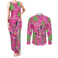 Aloha Hawaii Christmas Couples Matching Tank Maxi Dress and Long Sleeve Button Shirt Mele Kalikimaka Chill Flamingo Palaka Quilt Motifs - Polynesian Pride