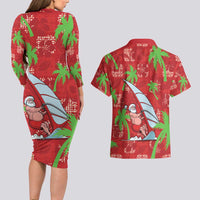 Aloha Hawaii Christmas Couples Matching Long Sleeve Bodycon Dress and Hawaiian Shirt Mele Kalikimaka Windsurfing Santa Palaka Quilt Motifs - Polynesian Pride