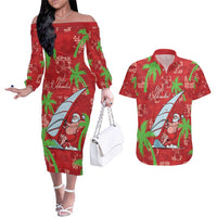 Aloha Hawaii Christmas Couples Matching Off The Shoulder Long Sleeve Dress and Hawaiian Shirt Mele Kalikimaka Windsurfing Santa Palaka Quilt Motifs - Polynesian Pride