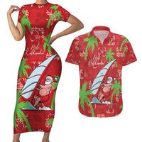 Aloha Hawaii Christmas Couples Matching Short Sleeve Bodycon Dress and Hawaiian Shirt Mele Kalikimaka Windsurfing Santa Palaka Quilt Motifs - Polynesian Pride