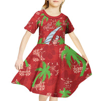 Aloha Hawaii Christmas Kid Short Sleeve Dress Mele Kalikimaka Windsurfing Santa Palaka Quilt Motifs - Polynesian Pride