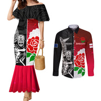 New Zealand And England Rugby Couples Matching Mermaid Dress and Long Sleeve Button Shirt 2023 World Cup All Black Combine Red Roses LT14 Black - Polynesian Pride