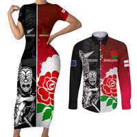 New Zealand And England Rugby Couples Matching Short Sleeve Bodycon Dress and Long Sleeve Button Shirt 2023 World Cup All Black Combine Red Roses LT14 Black - Polynesian Pride