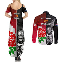 New Zealand And England Rugby Couples Matching Summer Maxi Dress and Long Sleeve Button Shirt 2023 World Cup All Black Combine Red Roses LT14 - Polynesian Pride