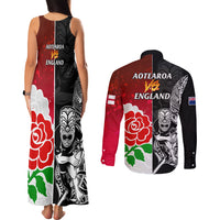 New Zealand And England Rugby Couples Matching Tank Maxi Dress and Long Sleeve Button Shirt 2023 World Cup All Black Combine Red Roses LT14 - Polynesian Pride