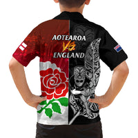 New Zealand And England Rugby Family Matching Off Shoulder Long Sleeve Dress and Hawaiian Shirt 2023 World Cup All Black Combine Red Roses LT14 - Polynesian Pride