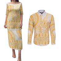 Niue Language Week Couples Matching Puletasi and Long Sleeve Button Shirt The Rock Coconut Crab - Siapo Gold Pastel