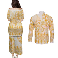 Niue Language Week Couples Matching Puletasi and Long Sleeve Button Shirt The Rock Coconut Crab - Siapo Gold Pastel