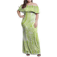 Lime Green Niue Language Week Family Matching Off Shoulder Maxi Dress and Hawaiian Shirt The Rock Coconut Crab - Siapo Pattern