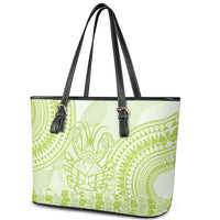 Lime Green Niue Language Week Leather Tote Bag The Rock Coconut Crab - Siapo Pattern