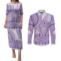 Purple Niue Language Week Couples Matching Puletasi and Long Sleeve Button Shirt The Rock Coconut Crab - Siapo Pattern