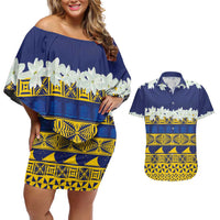 Tokelau Language Week Couples Matching Off Shoulder Short Dress and Hawaiian Shirt Tokelauan Tuluma With Gardenia Thunbergia