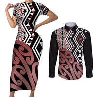 New Zealand Couples Matching Short Sleeve Bodycon Dress and Long Sleeve Button Shirt Aotearoa Kowhaiwhai Mix Taniko Art LT14 Brown - Polynesian Pride