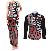 New Zealand Couples Matching Tank Maxi Dress and Long Sleeve Button Shirt Aotearoa Kowhaiwhai Mix Taniko Art LT14 Brown - Polynesian Pride