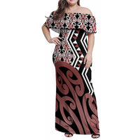 New Zealand Family Matching Off Shoulder Maxi Dress and Hawaiian Shirt Aotearoa Kowhaiwhai Mix Taniko Art LT14 Mom's Dress Brown - Polynesian Pride
