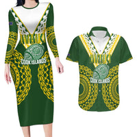 Custom Avaiki Cook Islands Rugby Couples Matching Long Sleeve Bodycon Dress and Hawaiian Shirt Kuki Airani Tatau Green - Polynesian Pride