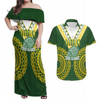 Custom Avaiki Cook Islands Rugby Couples Matching Off Shoulder Maxi Dress and Hawaiian Shirt Kuki Airani Tatau Green - Polynesian Pride