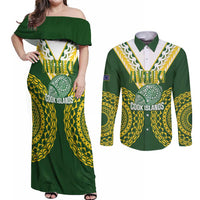 Custom Avaiki Cook Islands Rugby Couples Matching Off Shoulder Maxi Dress and Long Sleeve Button Shirt Kuki Airani Tatau Green - Polynesian Pride
