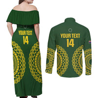 Custom Avaiki Cook Islands Rugby Couples Matching Off Shoulder Maxi Dress and Long Sleeve Button Shirt Kuki Airani Tatau Green - Polynesian Pride