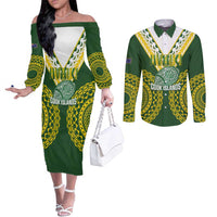 Custom Avaiki Cook Islands Rugby Couples Matching Off The Shoulder Long Sleeve Dress and Long Sleeve Button Shirt Kuki Airani Tatau Green - Polynesian Pride
