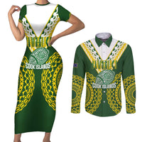 Custom Avaiki Cook Islands Rugby Couples Matching Short Sleeve Bodycon Dress and Long Sleeve Button Shirt Kuki Airani Tatau Green - Polynesian Pride