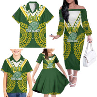 Custom Avaiki Cook Islands Rugby Family Matching Off The Shoulder Long Sleeve Dress and Hawaiian Shirt Kuki Airani Tatau Green - Polynesian Pride
