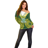 Custom Avaiki Cook Islands Rugby Off Shoulder Sweater Kuki Airani Tatau Green - Polynesian Pride