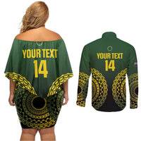 Custom Avaiki Cook Islands Rugby Couples Matching Off Shoulder Short Dress and Long Sleeve Button Shirt Kuki Airani Tatau Black - Polynesian Pride