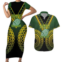Custom Avaiki Cook Islands Rugby Couples Matching Short Sleeve Bodycon Dress and Hawaiian Shirt Kuki Airani Tatau Black - Polynesian Pride