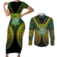 Custom Avaiki Cook Islands Rugby Couples Matching Short Sleeve Bodycon Dress and Long Sleeve Button Shirt Kuki Airani Tatau Black - Polynesian Pride