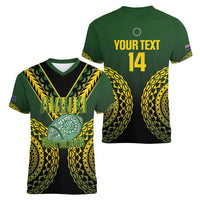 Custom Avaiki Cook Islands Rugby Women V-Neck T-Shirt Kuki Airani Tatau Black - Polynesian Pride