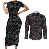 Polynesia Couples Matching Short Sleeve Bodycon Dress and Long Sleeve Button Shirt Polynesian Pattern Mix Plumeria Black LT14
