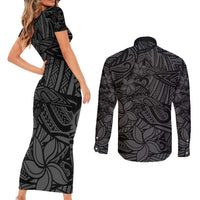 Polynesia Couples Matching Short Sleeve Bodycon Dress and Long Sleeve Button Shirt Polynesian Pattern Mix Plumeria Black LT14