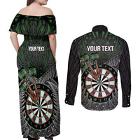 Personalised New Zealand Darts Couples Matching Off Shoulder Maxi Dress and Long Sleeve Button Shirt Dartboard Maori Fern Puhoro Art