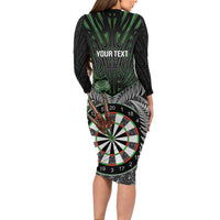 Personalised New Zealand Darts Long Sleeve Bodycon Dress Dartboard Maori Fern Puhoro Art
