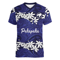 Personalised Cook Islands Pukapuka Women V-Neck T-Shirt Tiare Maori Polynesian Waves Tattoo