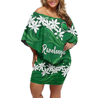 Personalised Cook Islands Rarotonga Off Shoulder Short Dress Tiare Maori Polynesian Waves Tattoo LT14 Women Green - Polynesian Pride