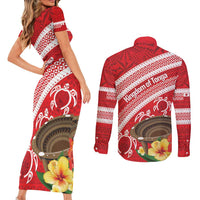 Kingdom Of Tonga Emancipation Day Couples Matching Short Sleeve Bodycon Dress and Long Sleeve Button Shirt Tongan Ngatu With Kumete Red