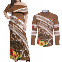 Kingdom Of Tonga Emancipation Day Couples Matching Off Shoulder Maxi Dress and Long Sleeve Button Shirt Tongan Ngatu With Kumete Brown