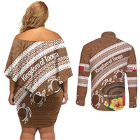 Kingdom Of Tonga Emancipation Day Couples Matching Off Shoulder Short Dress and Long Sleeve Button Shirt Tongan Ngatu With Kumete Brown