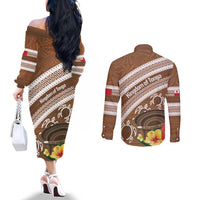 Kingdom Of Tonga Emancipation Day Couples Matching Off The Shoulder Long Sleeve Dress and Long Sleeve Button Shirt Tongan Ngatu With Kumete Brown