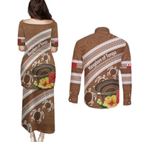 Kingdom Of Tonga Emancipation Day Couples Matching Puletasi and Long Sleeve Button Shirt Tongan Ngatu With Kumete Brown