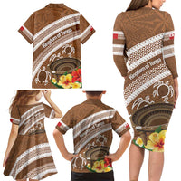 Kingdom Of Tonga Emancipation Day Family Matching Long Sleeve Bodycon Dress and Hawaiian Shirt Tongan Ngatu With Kumete Brown