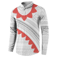 Tonga White Sunday Button Sweatshirt Heilala Flowers Tongan Ngatu Pattern