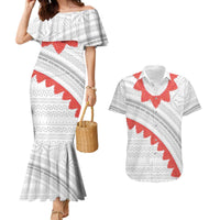 Tonga White Sunday Couples Matching Mermaid Dress and Hawaiian Shirt Heilala Flowers Tongan Ngatu Pattern