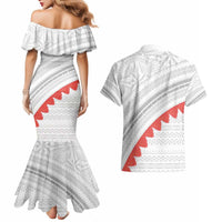 Tonga White Sunday Couples Matching Mermaid Dress and Hawaiian Shirt Heilala Flowers Tongan Ngatu Pattern