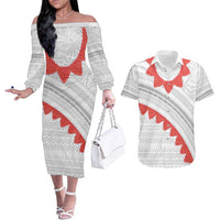 Tonga White Sunday Couples Matching Off The Shoulder Long Sleeve Dress and Hawaiian Shirt Heilala Flowers Tongan Ngatu Pattern
