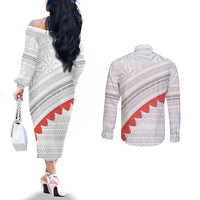 Tonga White Sunday Couples Matching Off The Shoulder Long Sleeve Dress and Long Sleeve Button Shirt Heilala Flowers Tongan Ngatu Pattern