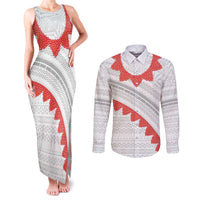 Tonga White Sunday Couples Matching Tank Maxi Dress and Long Sleeve Button Shirt Heilala Flowers Tongan Ngatu Pattern